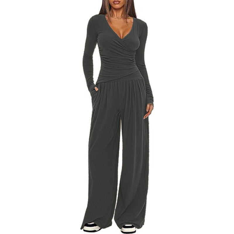 Women's V Neck Long-sleeve Sportswear Top And Wide-leg set