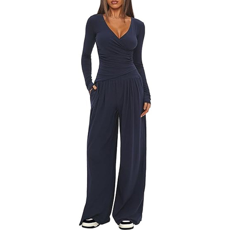 Women's V Neck Long-sleeve Sportswear Top And Wide-leg set