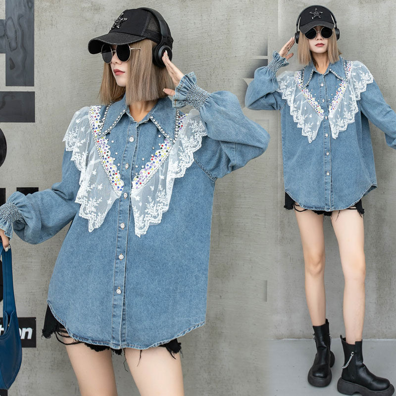 Ladies Lace Splicing Denim Long-sleeved Tops