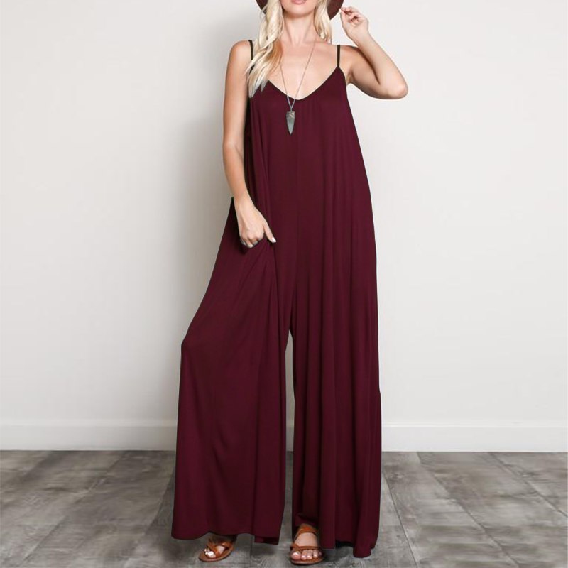 Summer Women V Neck Long Jumpsuits Casual Loose Rompers