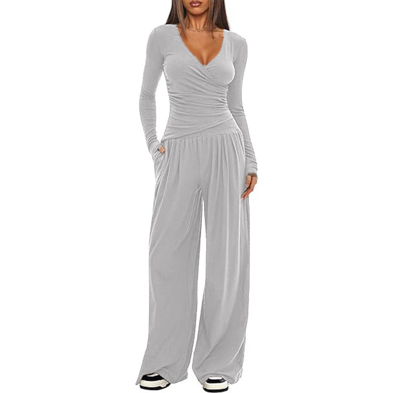 Women's V Neck Long-sleeve Sportswear Top And Wide-leg set
