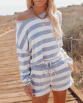 Ladies Long Sleeve Tops Shorts Striped Sweater Casual Suit