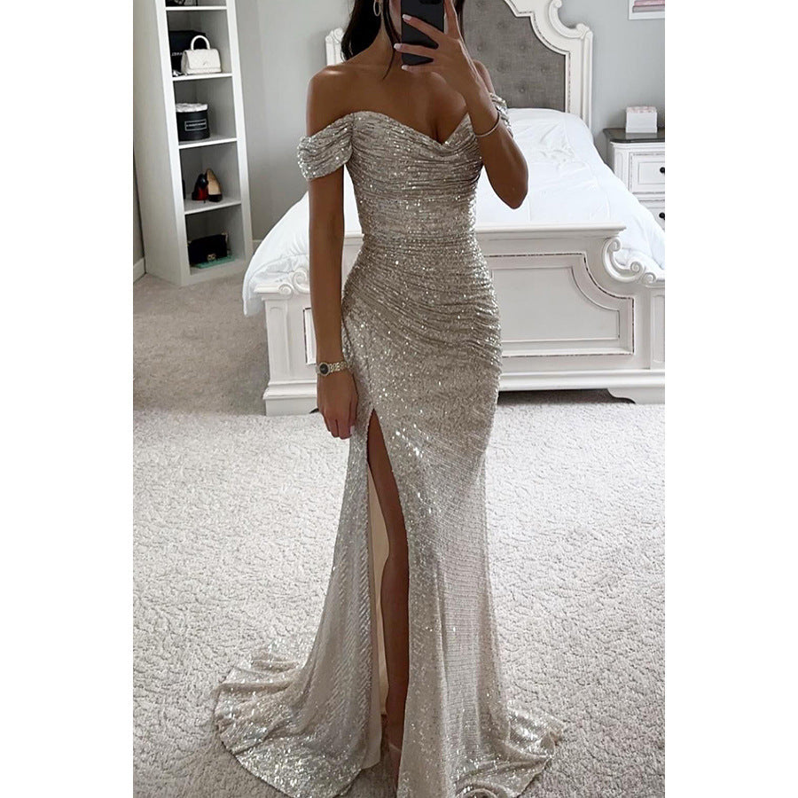 Party Sequins Off-neck Split Dress INS Casual Fashion Dress Women Charming Slimming Dress For Women