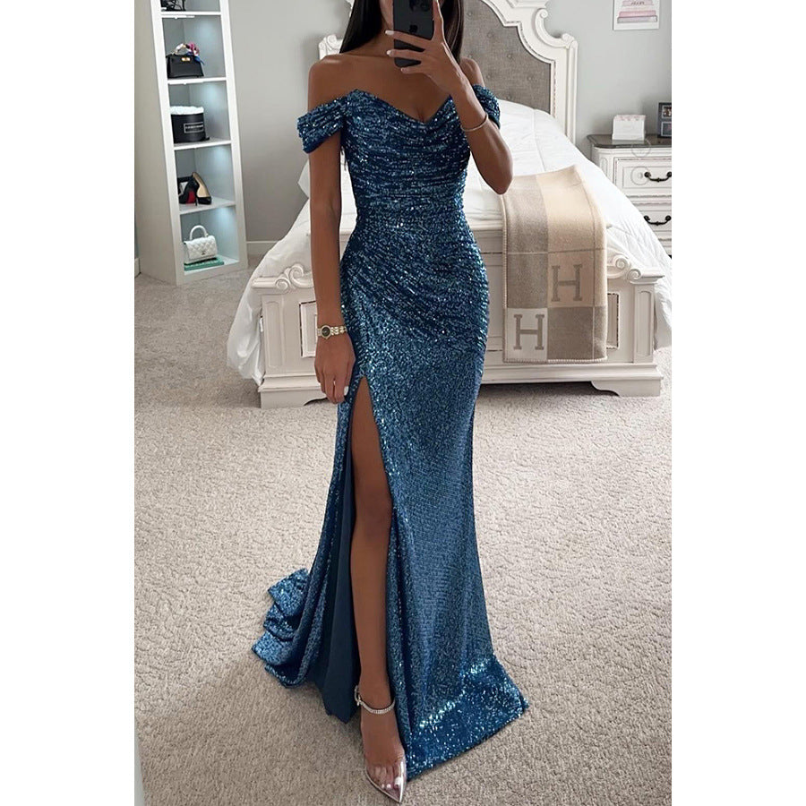 Party Sequins Off-neck Split Dress INS Casual Fashion Dress Women Charming Slimming Dress For Women