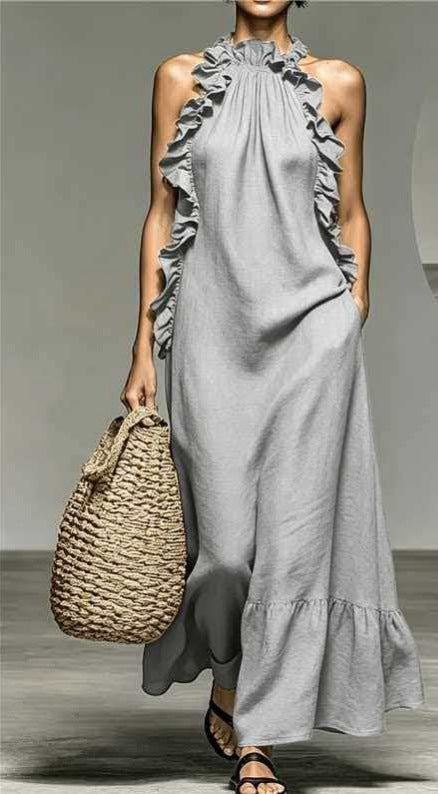 Resort Style Ruffled Halter Neck Sleeveless Maxi Dress - Loose Fit Flattering Flowy Skirt For Party Evening Gown