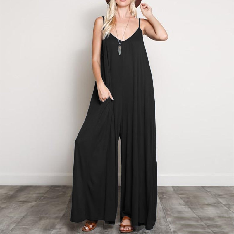 Summer Women V Neck Long Jumpsuits Casual Loose Rompers