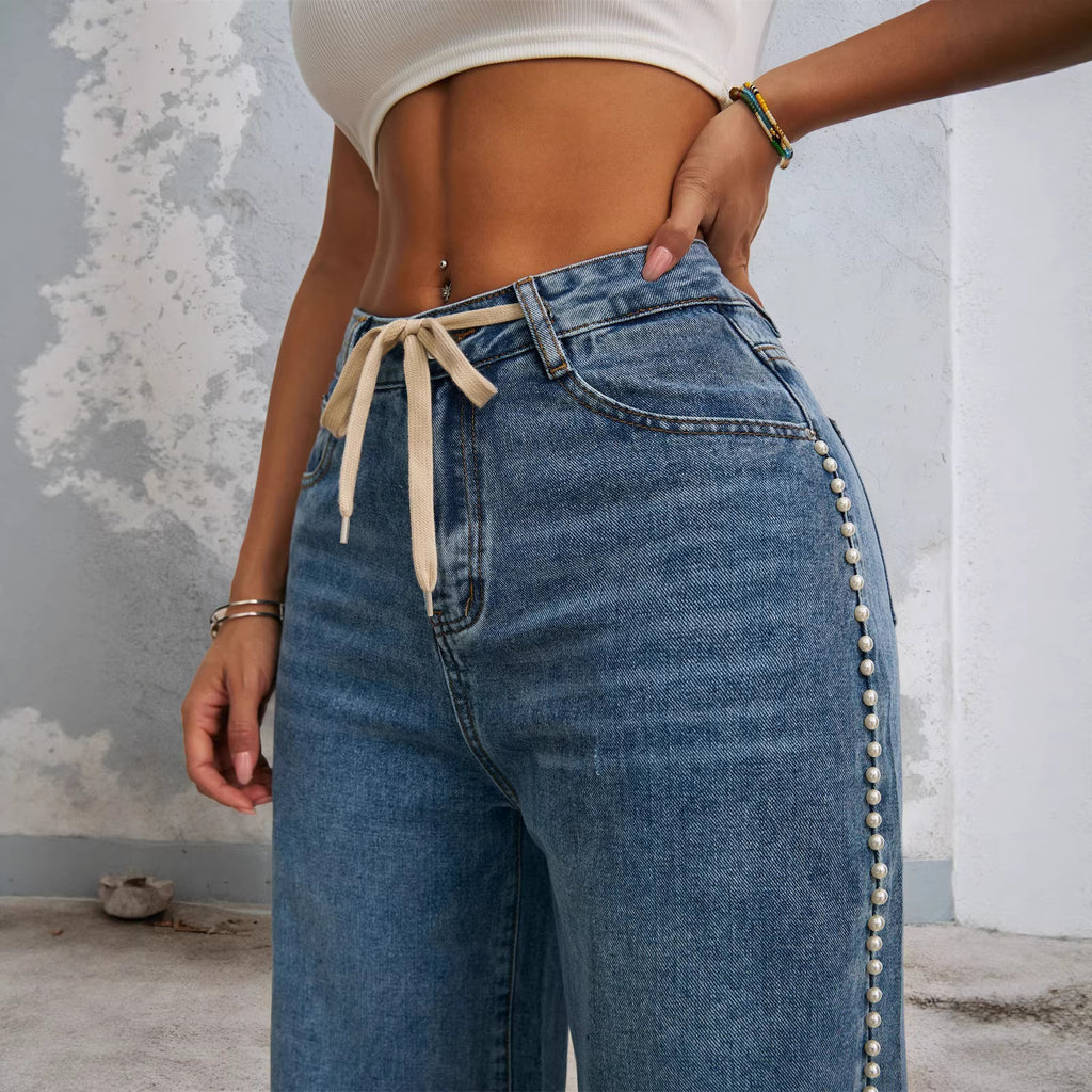Drawstring High-Waisted Retro Wide-Leg Denim Jeans For Women