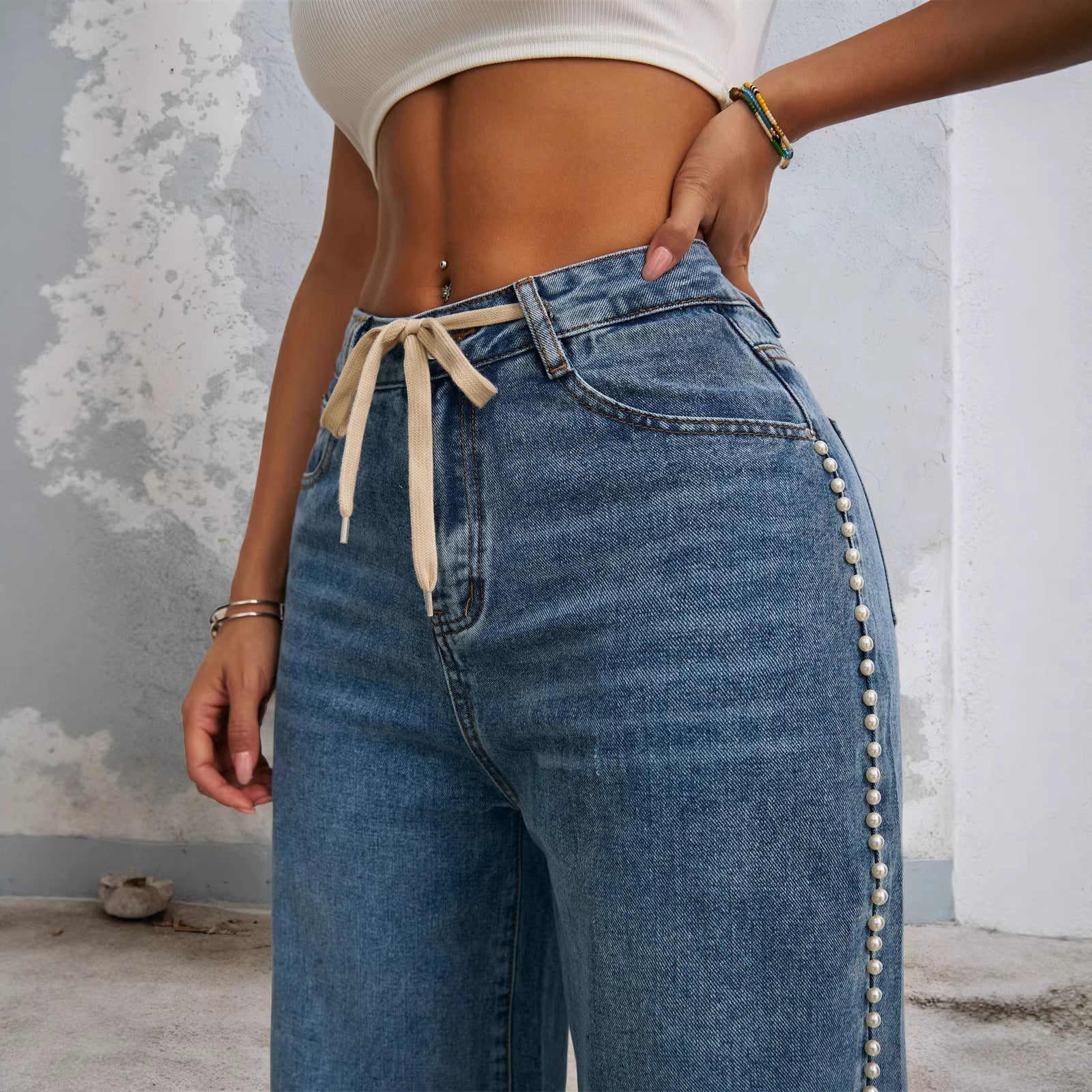 Drawstring High-Waisted Retro Wide-Leg Denim Jeans For Women
