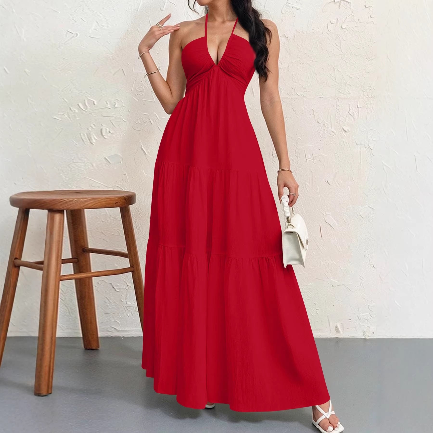 Backless Halterneck V-Neck Pleated A- Line Dress
