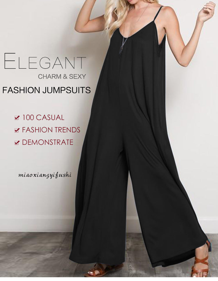Summer Women V Neck Long Jumpsuits Casual Loose Rompers