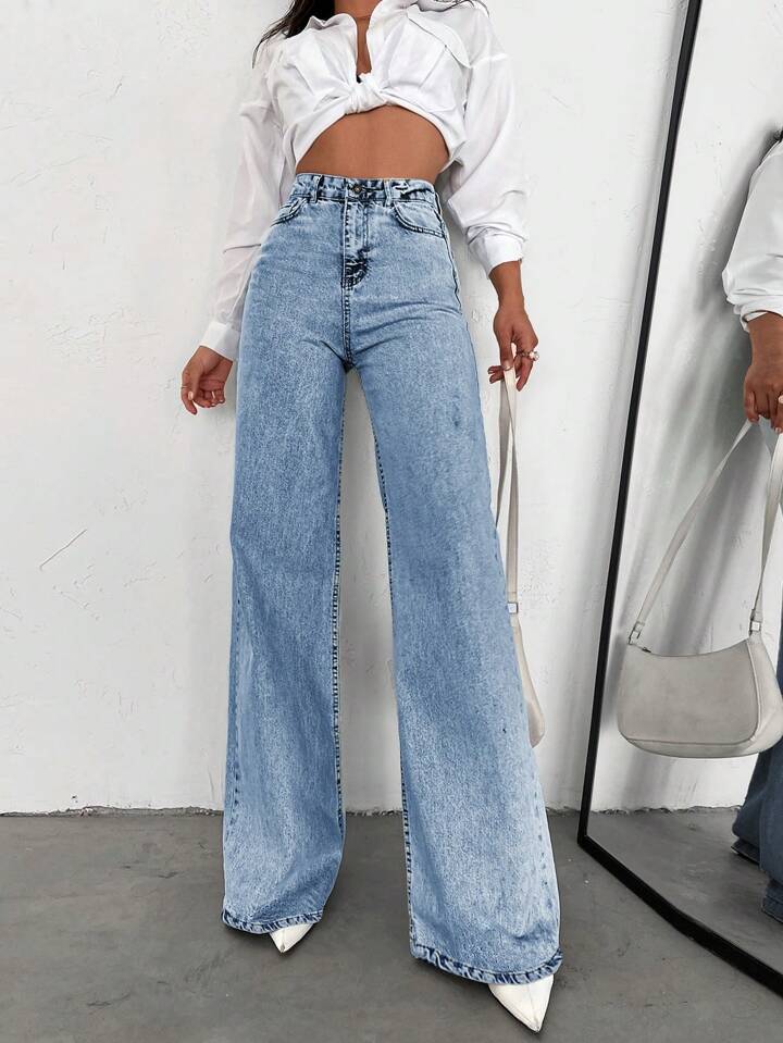 Womens Straight-Leg Denim Jeans Loose Slimming Casual Wide-Leg Style