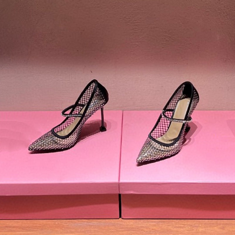 Women Crystal Mesh Pumps Ladies Pointed Toe
