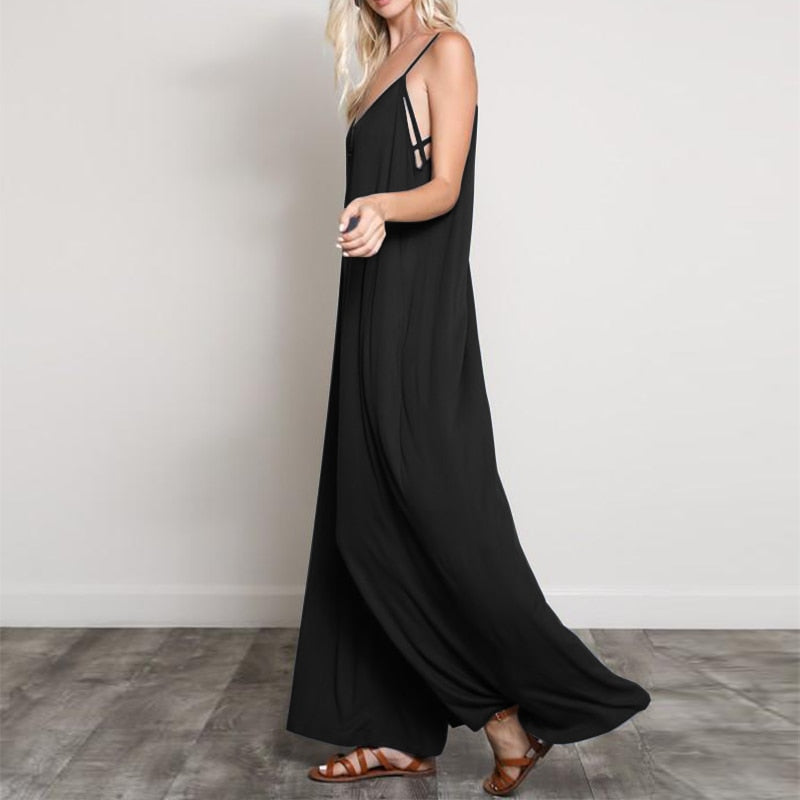 Summer Women V Neck Long Jumpsuits Casual Loose Rompers