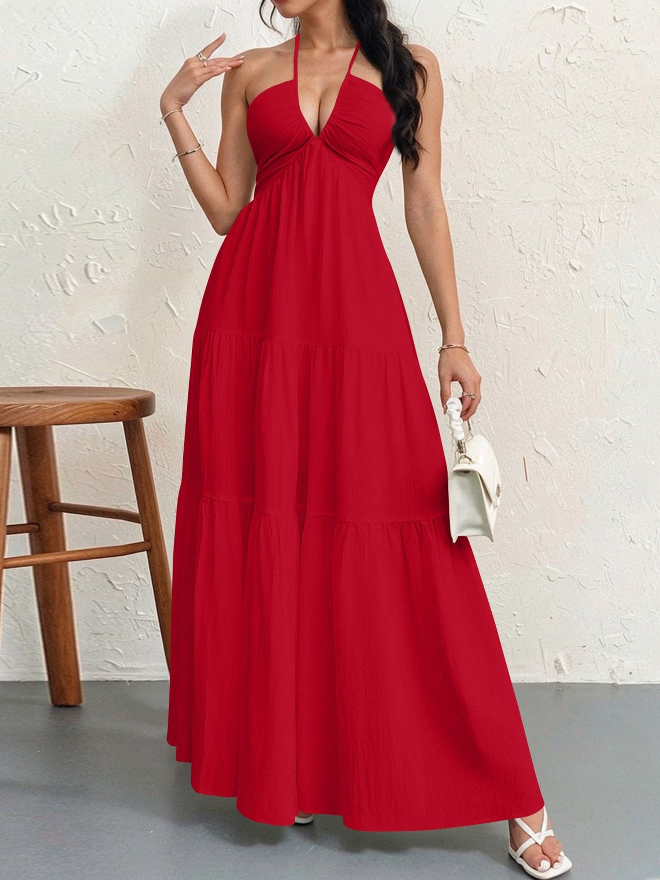 Backless Halterneck V-Neck Pleated A- Line Dress