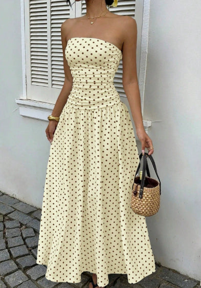 Elegant Polka-dot Off-shoulder Dresses Solid Color Strapless Lady High-waist Robe Commuting Party Business Beach Holiday Outfit