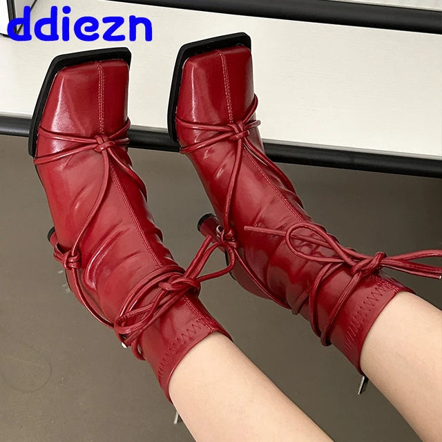 Female Square Toe Red Shoes Ladies Modern Boots With Round Heels Fashion Cross-tied Footwear Stretch Women Ankle Boots Shoes
