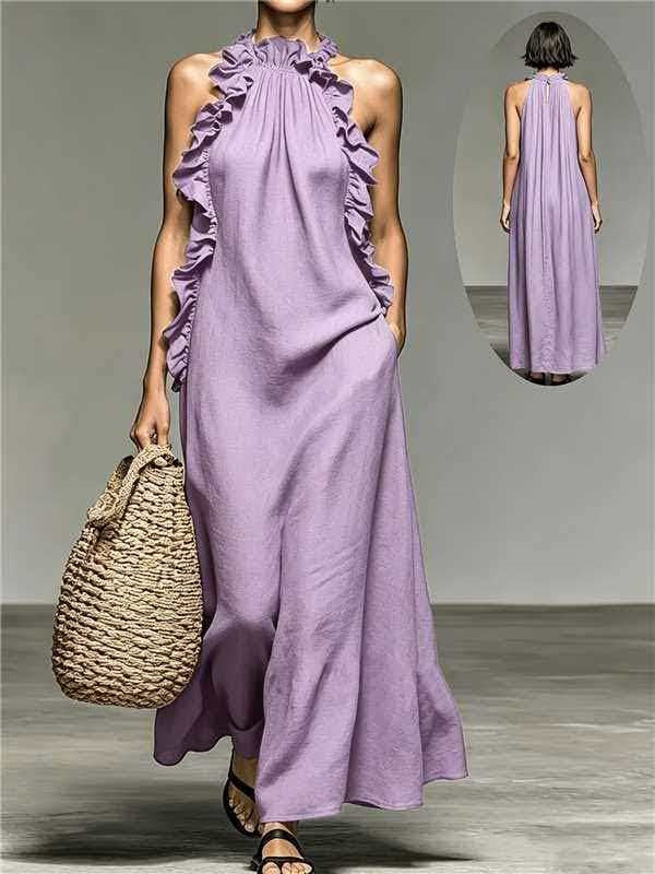 Resort Style Ruffled Halter Neck Sleeveless Maxi Dress - Loose Fit Flattering Flowy Skirt For Party Evening Gown