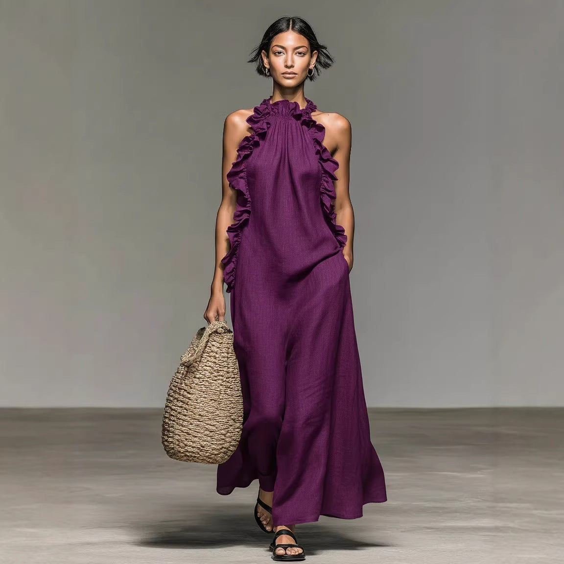 Resort Style Ruffled Halter Neck Sleeveless Maxi Dress - Loose Fit Flattering Flowy Skirt For Party Evening Gown