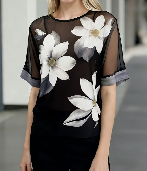 Elegant Ladies' Crew Neck Floral Chiffon Shirt