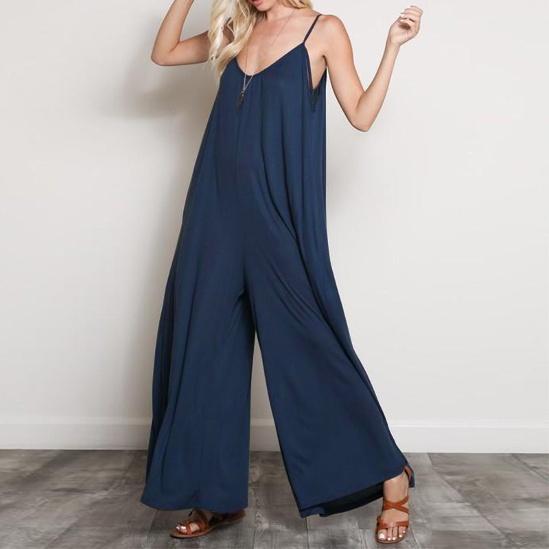 Summer Women V Neck Long Jumpsuits Casual Loose Rompers