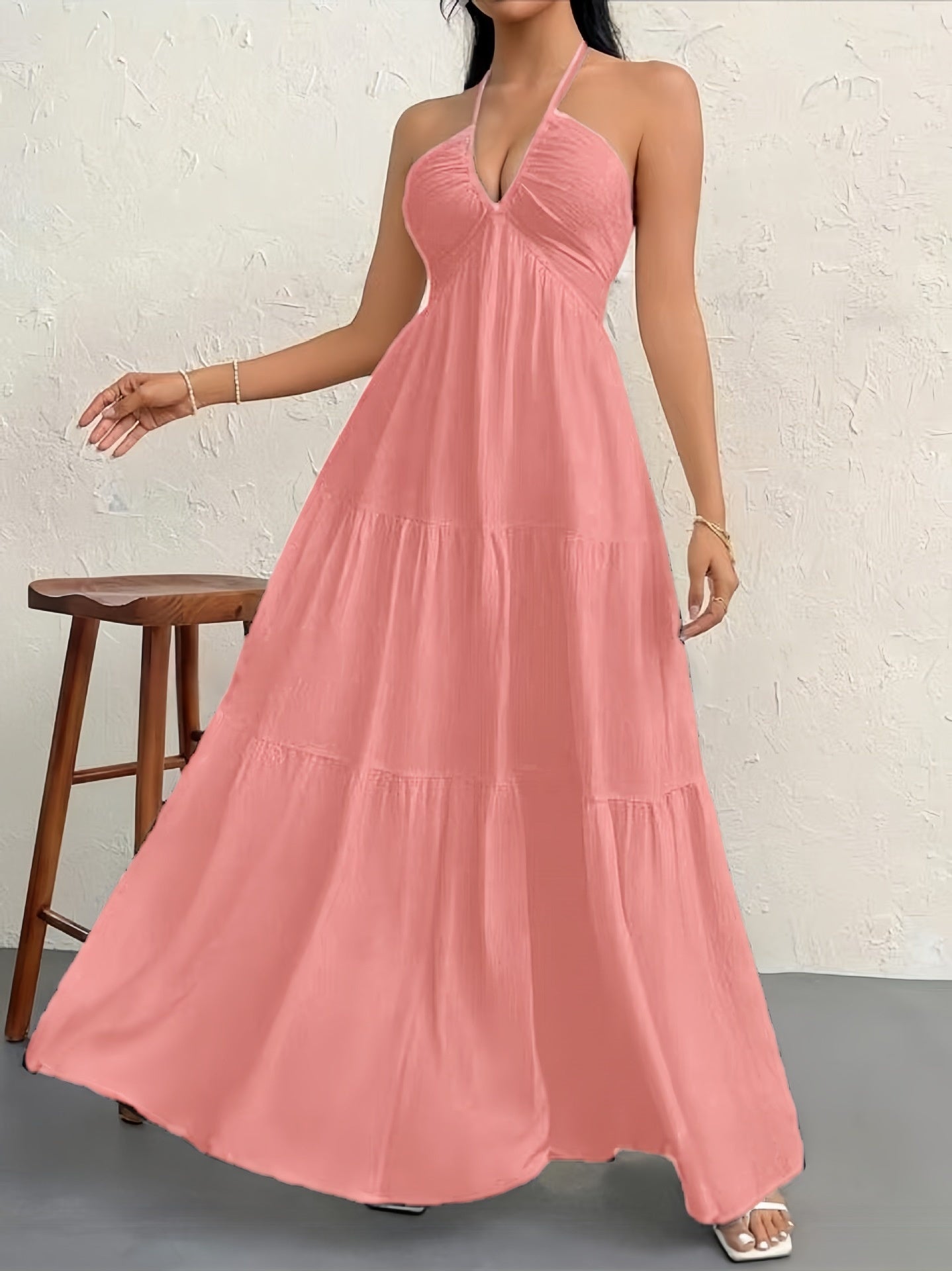 Backless Halterneck V-Neck Pleated A- Line Dress