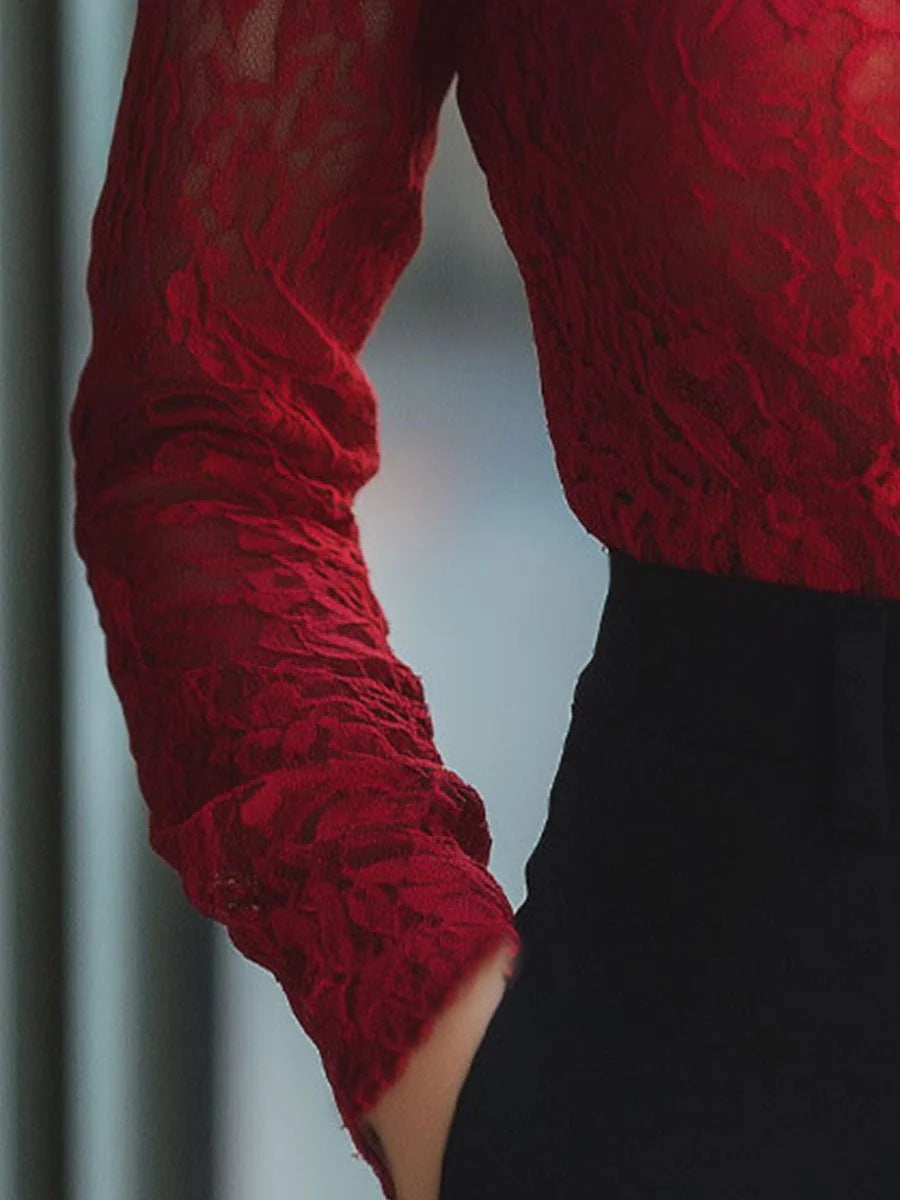 Red Long-sleeve Lace Mock-neck Base