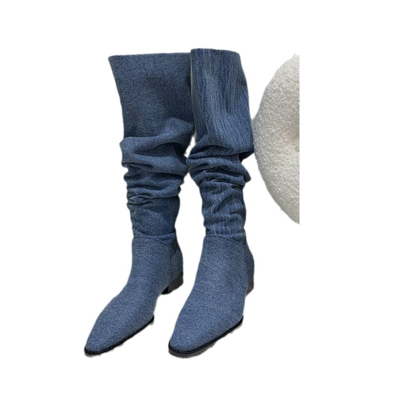 Modern Women Denim Knee High Boots New In Female Low Heel Footwear Fashion Pleated Ladies Western Long Boots Slip On Shoes