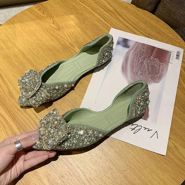 Flats Rhinestone Green Pointed Toe with Crystals Diamond Shoes for Woman 2023 Pearl Flat Women's Summer Footwear Spring E Shoe A