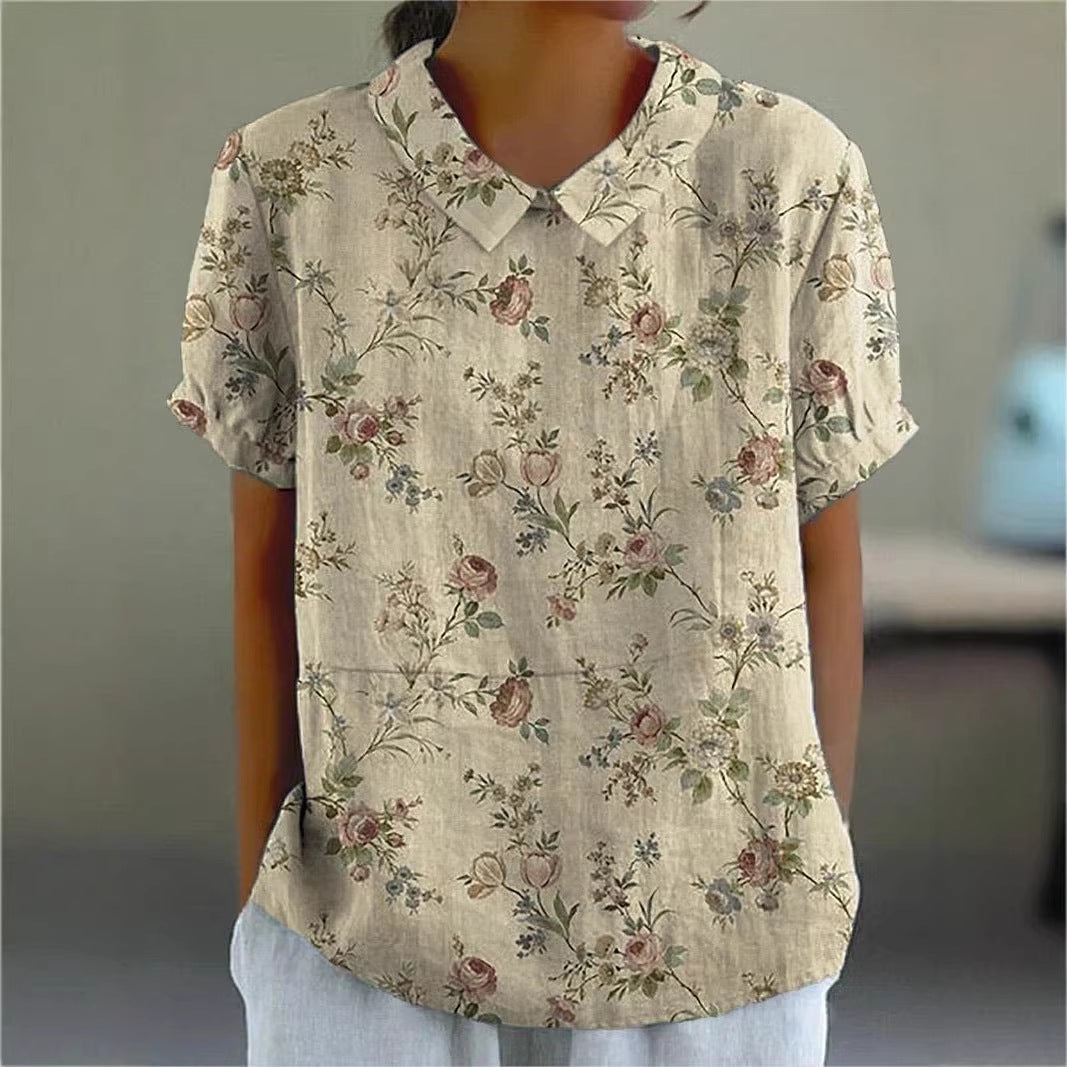 Women's Printed Lapel Short-Sleeve Top