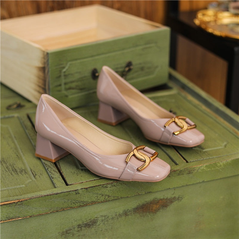 332-8 Sheepskin Square Head High Heels Ladies Thick With French Retro Patent Leather Metal Autumn High Heels