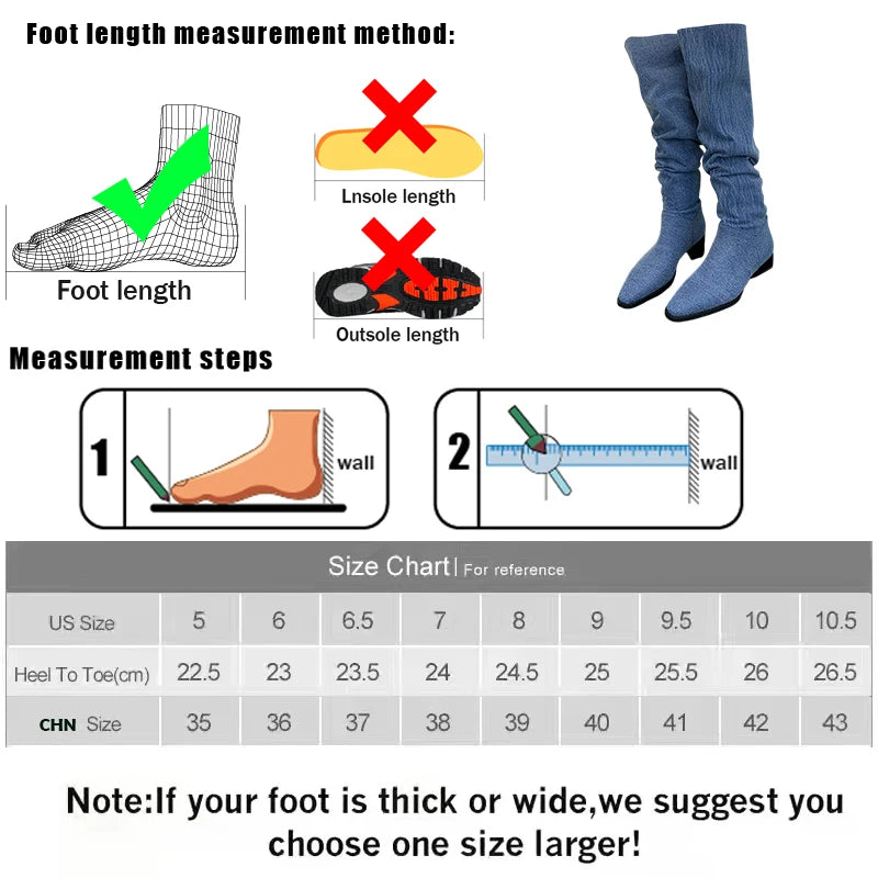 Modern Women Denim Knee High Boots New In Female Low Heel Footwear Fashion Pleated Ladies Western Long Boots Slip On Shoes