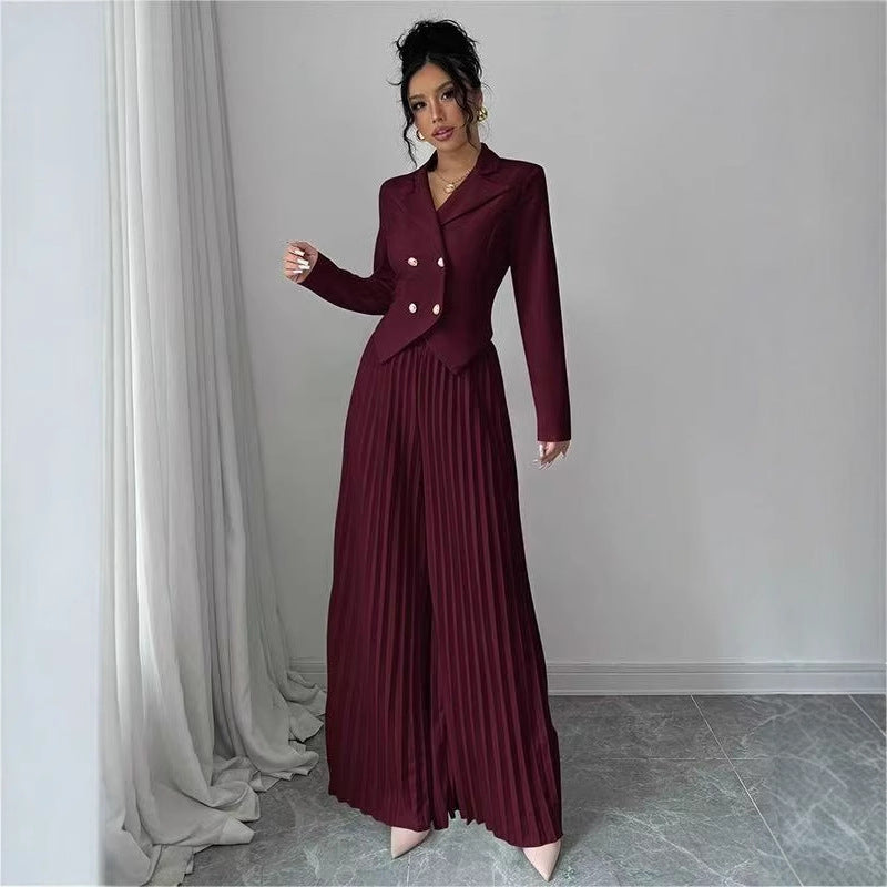 Fashionable Pleated Culotte Two-Piece Pants Set For Women
