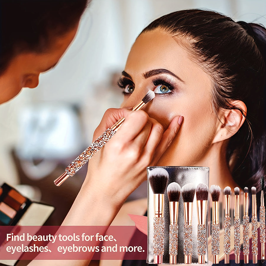 10Pcs Luxury Makeup Brush Set Diamond Rivet Handle Design Crystal Makeup Brush