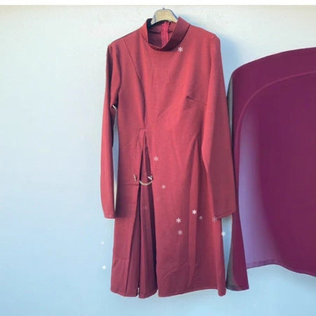 Patchwork Pleated Long-sleeved Dress Fashion Split Dresses Elegant Commuter Women's Clothing