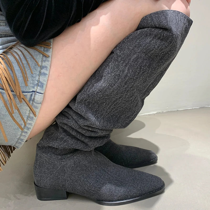 Modern Women Denim Knee High Boots New In Female Low Heel Footwear Fashion Pleated Ladies Western Long Boots Slip On Shoes