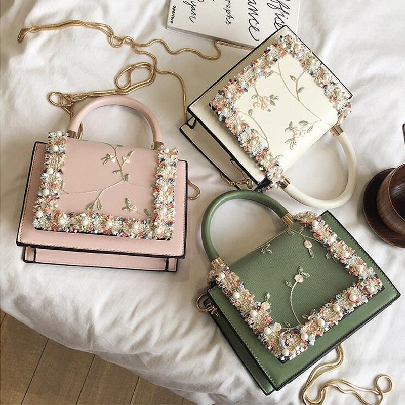 Vintage Flower Lace Handbags Women's Crossbody Bags Fashion Gold Chain Ladies Messenger Bag Evening Clutch Female Purses