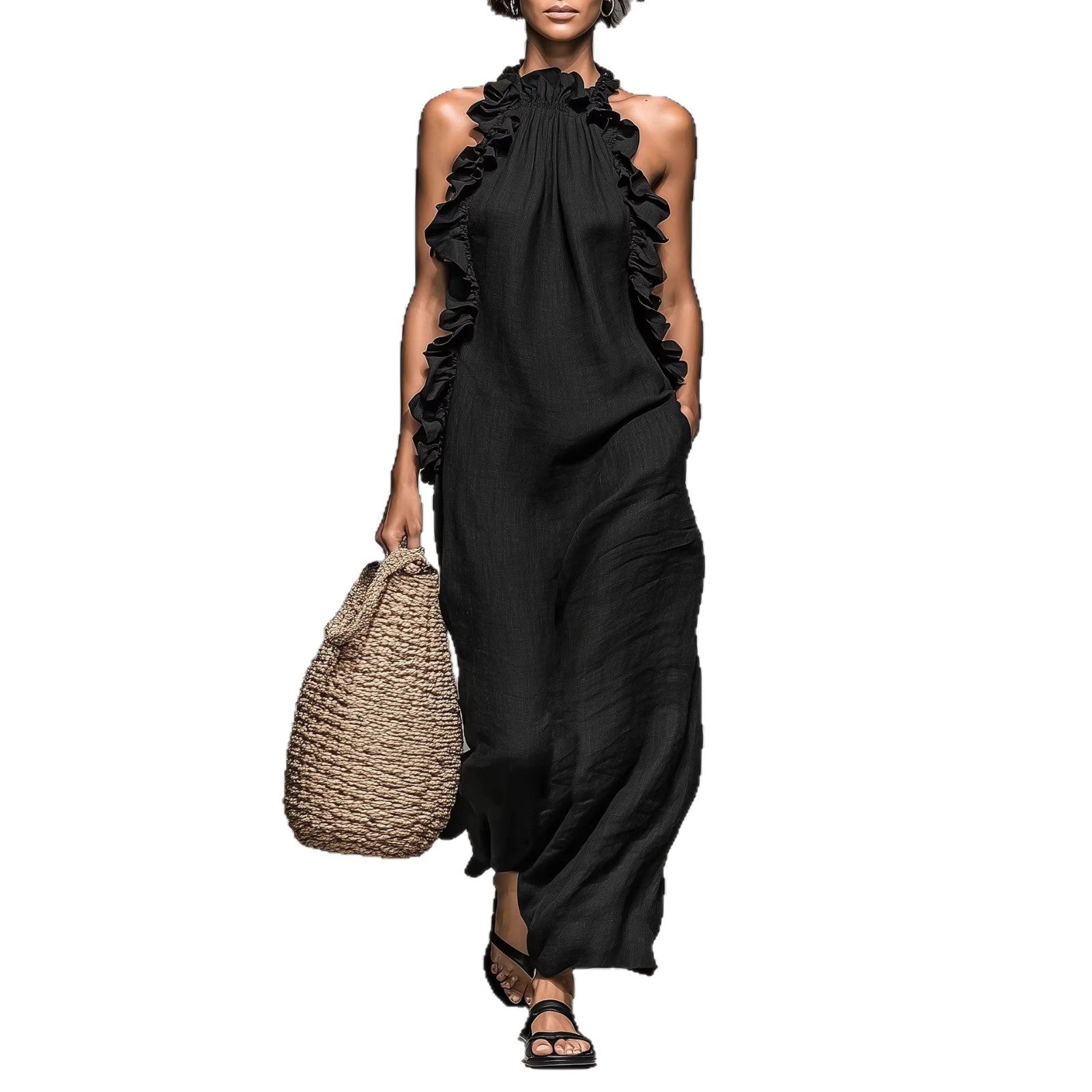 Resort Style Ruffled Halter Neck Sleeveless Maxi Dress - Loose Fit Flattering Flowy Skirt For Party Evening Gown