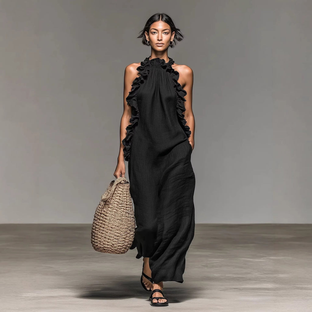 Resort Style Ruffled Halter Neck Sleeveless Maxi Dress - Loose Fit Flattering Flowy Skirt For Party Evening Gown