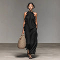 Resort Style Ruffled Halter Neck Sleeveless Maxi Dress - Loose Fit Flattering Flowy Skirt For Party Evening Gown