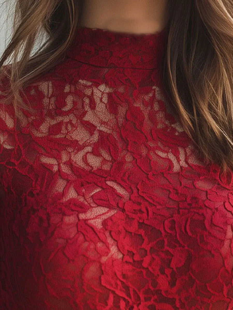 Red Long-sleeve Lace Mock-neck Base