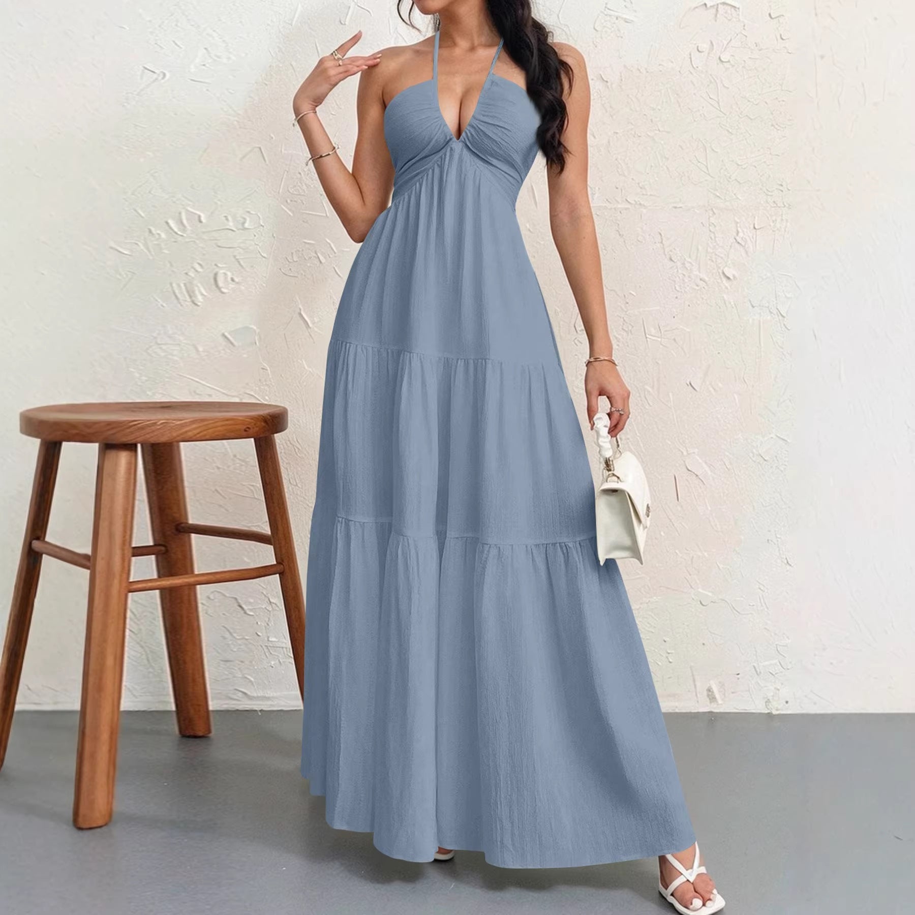 Backless Halterneck V-Neck Pleated A- Line Dress