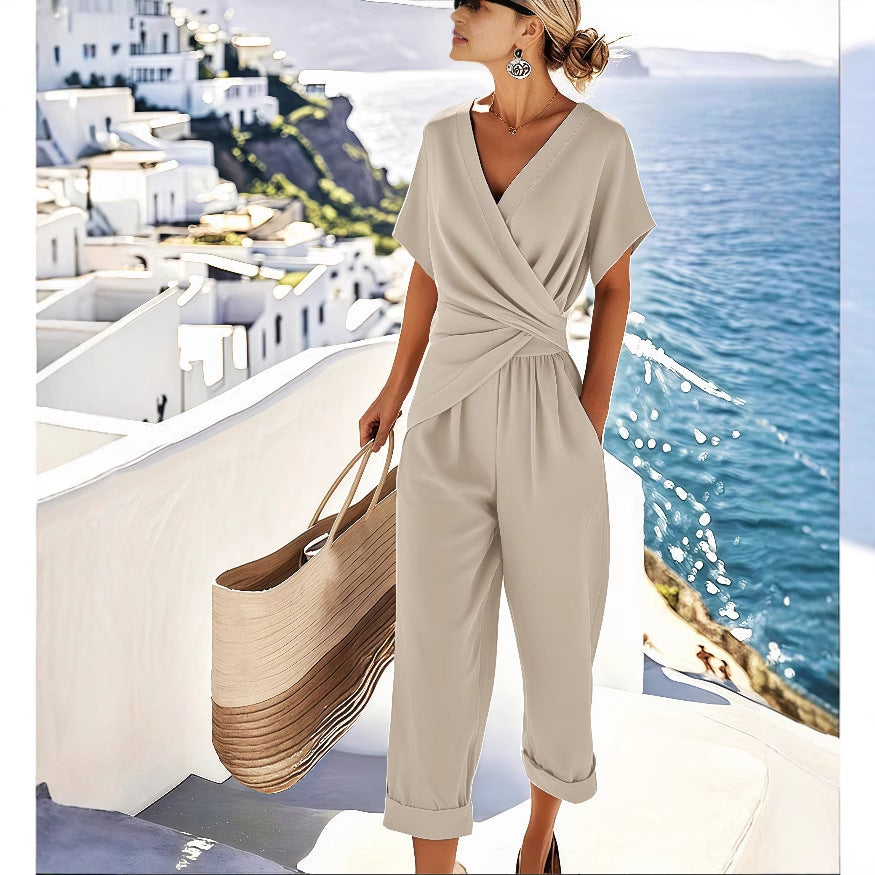 Women's Two Pieces Set Fashion Solid Color Irregular Short Sleeve Suit Summer Fashion V Neck Slim Office Suit Casual Pleated Irregular Top And Pants Female Outfit