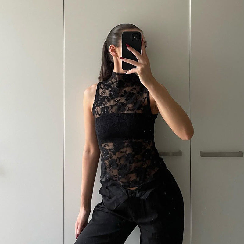 Womens Sleeveless Solid-Color Jacquard Sheer Ribbon Tank Top