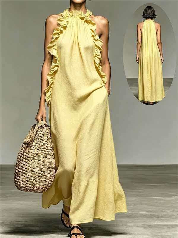 Resort Style Ruffled Halter Neck Sleeveless Maxi Dress - Loose Fit Flattering Flowy Skirt For Party Evening Gown