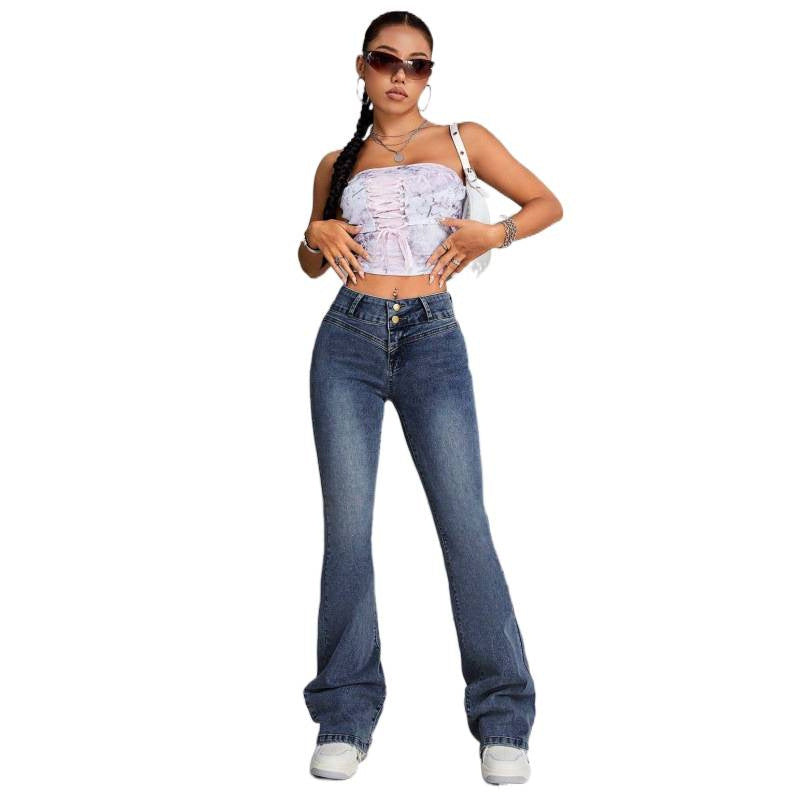 Womens Stretch Slim-Fit Denim Jeans With A Wide Waistband And Double-Breasted Buttons