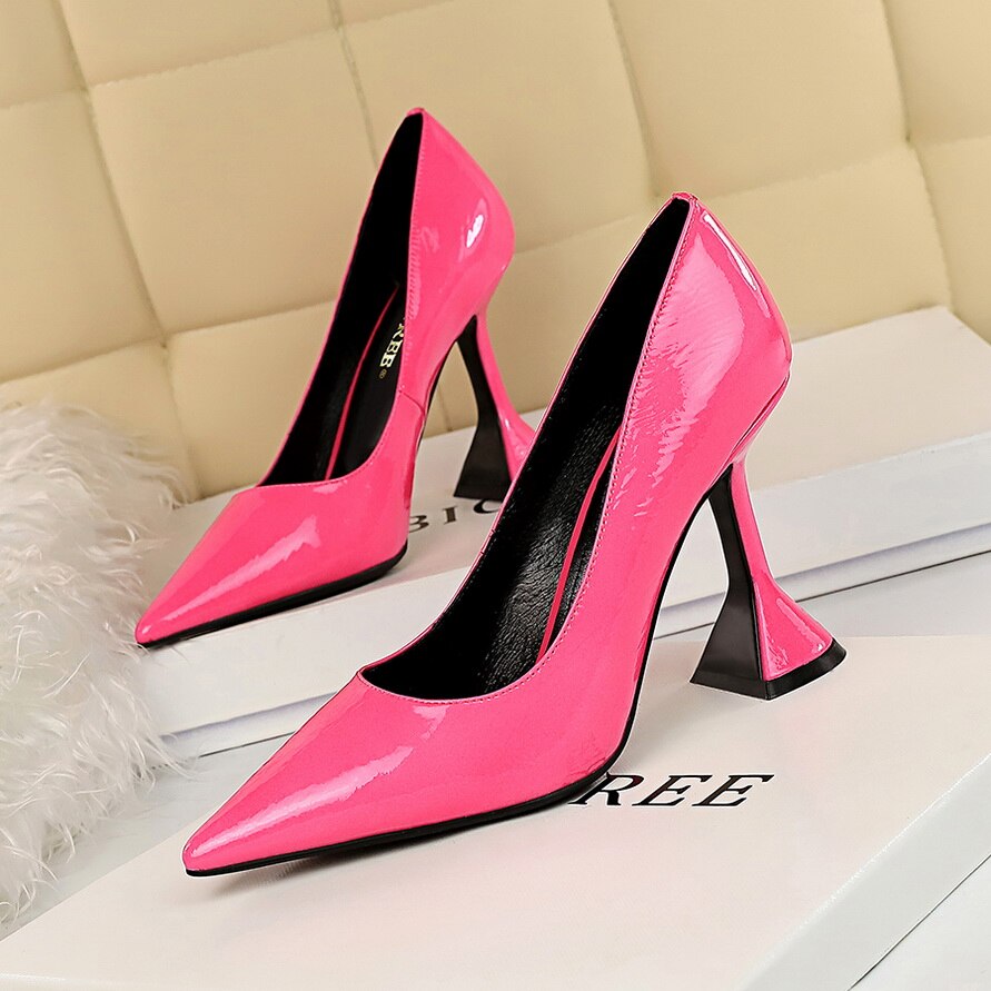 Women's Fashion New Patent Leather Pumps Solid Color Spike Heel Female High Heels Pointed Toe Office Party Ladies Heels