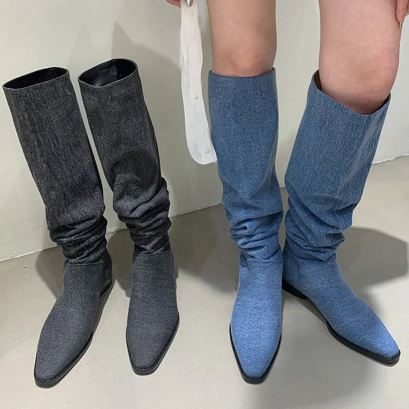 Modern Women Denim Knee High Boots New In Female Low Heel Footwear Fashion Pleated Ladies Western Long Boots Slip On Shoes
