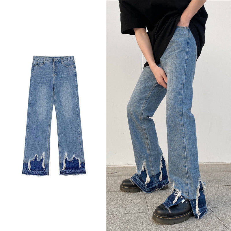 Side Slit Raw Edge Denim Bell-bottom Pants