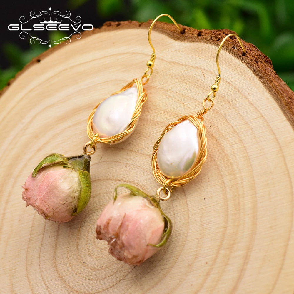 GLSEEVO Natural Fresh Water Baroque Pearl Dangle Earrings For Women Flower Drop Earrings Wedding Gifts Fine Jewellery