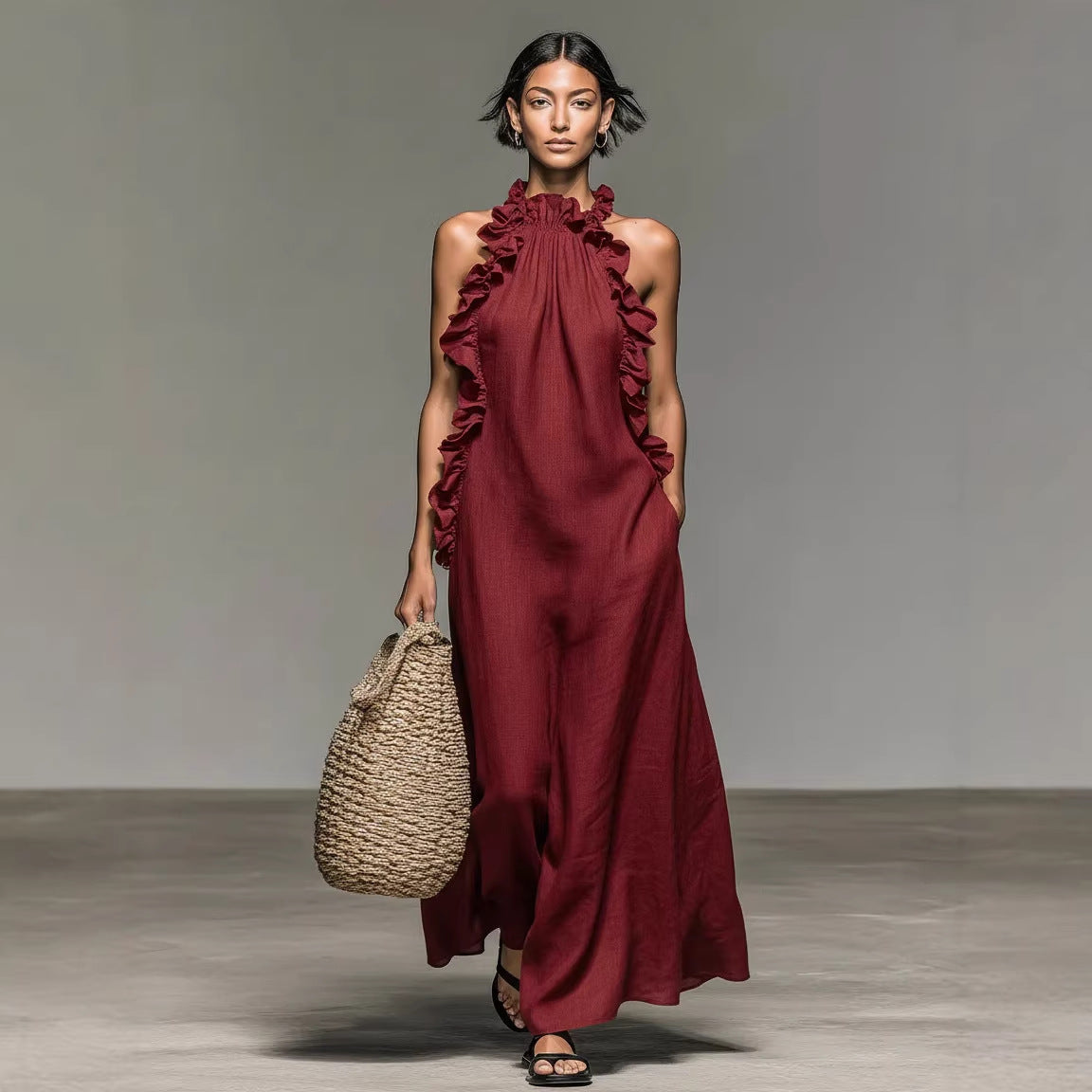 Resort Style Ruffled Halter Neck Sleeveless Maxi Dress - Loose Fit Flattering Flowy Skirt For Party Evening Gown